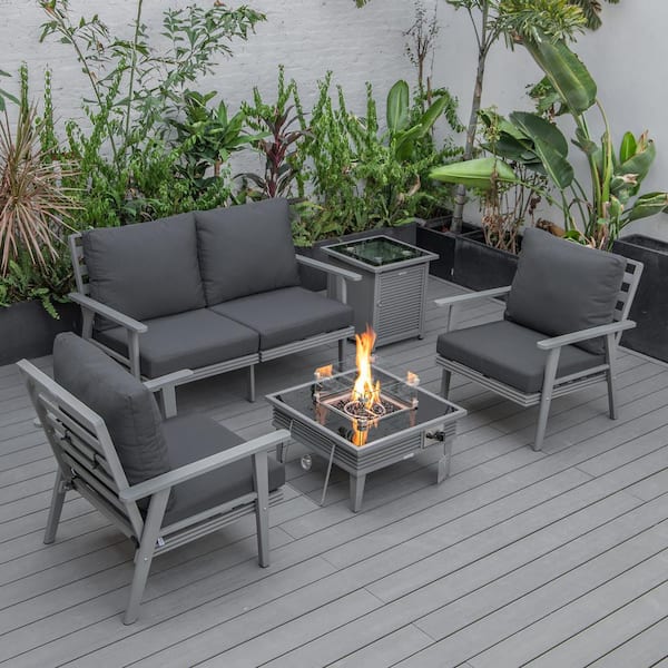 Leisuremod Walbrooke Grey 5-Piece Aluminum Square Patio Fire Pit Set with Charcoal Cushions, Slats Design, Tank Holder