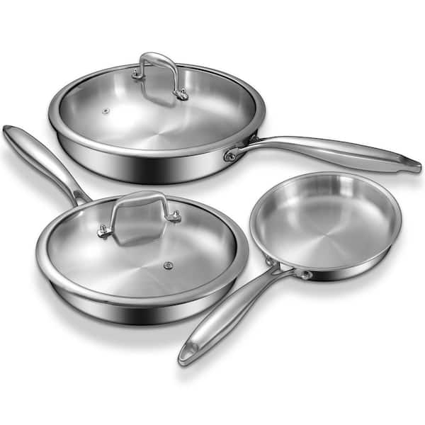 3-Pieces Tri-Ply Mirror Finish Stainless Steel Induction Cooking Frying Pans Set with Lid, Dishwasher and Oven Safe