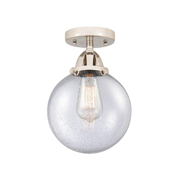 Beacon 8 in. 1-Light Polished Nickel Industrial Semi-Flush Mount with Seeded Glass Shade