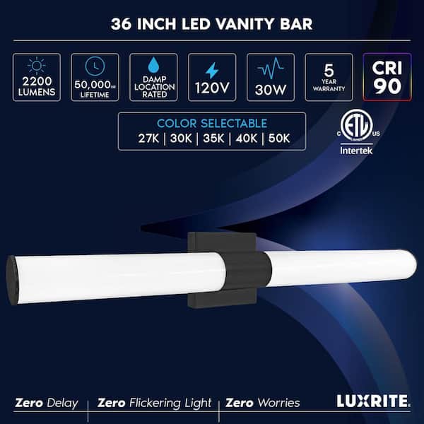 36 in. Black Fixture 5 CCT 2700K-5000K Vanity 1-Light 30-Watt 2200 Lumens Dimmable Damp Rated ETL Listed