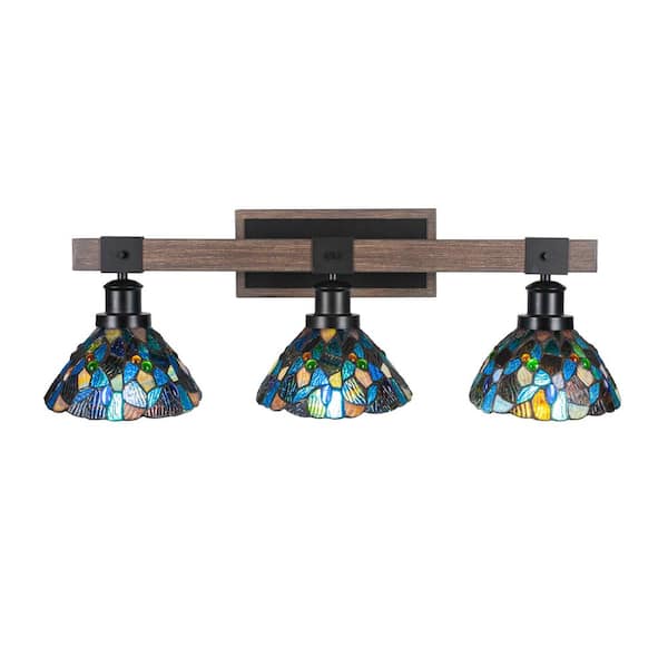 Unbranded Richmond 28 in. 3-Light Vanity Light Matte Black and Painted Wood-look Metal with 7 in. Art Glass no bulbs included