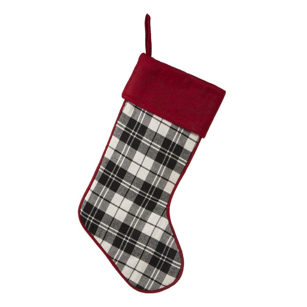 Glitzhome 20 in. L Black and White Plaid Fabric Christmas Stocking ...