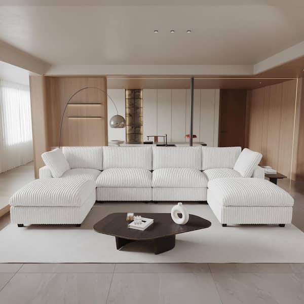 J&E Home 157.48 in. Rabbit Plush Fabric Square Arm 6-Piece U Shaped Modular Sectional Sofa in Beige with Ottoman