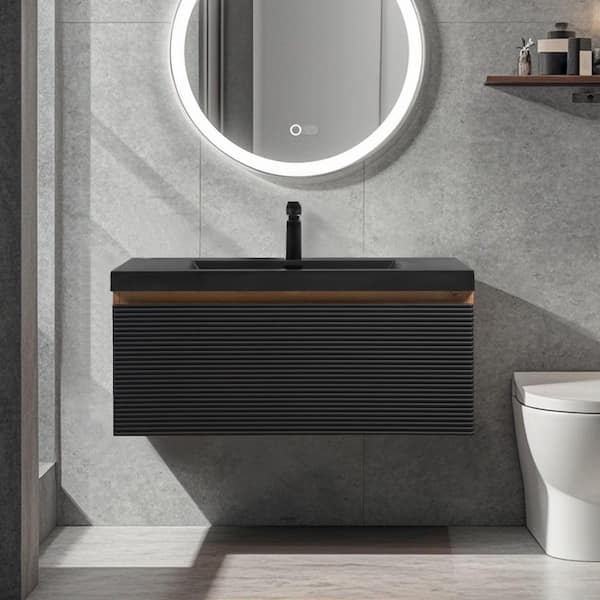 36 in. Wall-Mounted Floating Bath Vanity with Single Black Quartz Sink Top in Natural Oak and Black Assembled