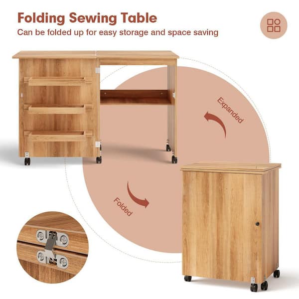 Bunpeony Natural Wood 47 in. W Kitchen Prep Table Folding Sewing