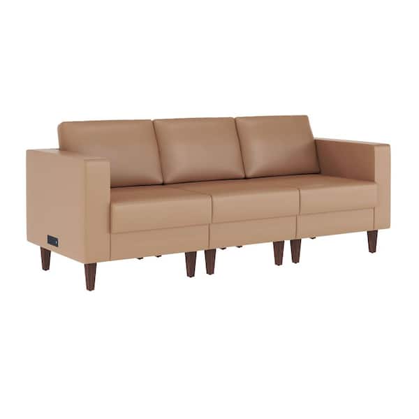 Hercules Artemis 28.25 in. Square Arm Faux Leather Rectangle Sofa in Cognac w/ 4 AC Outlets/2 USB/2 USB-C Ports Wood Leg