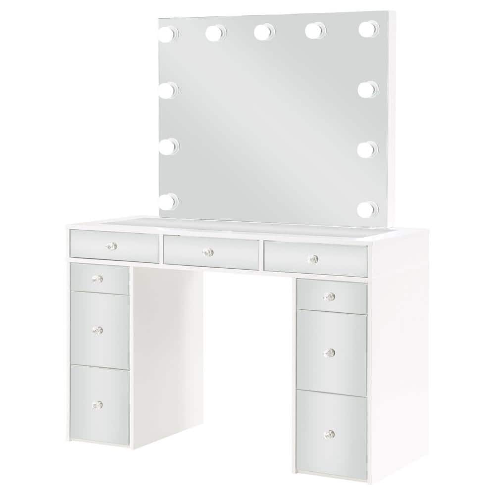 White and Gray Vanity Set with Lighted Mirror and Bench