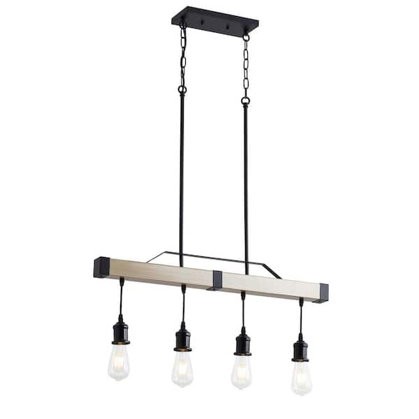 aiwen 4-Light Black Farmhouse Kitchen Island Linear Pendant Light Rustic Wood Painted Chandeliers
