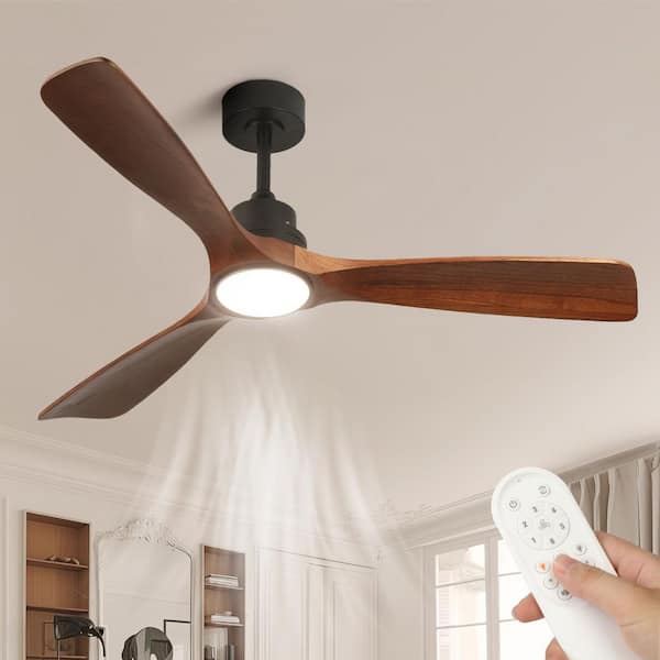 52 in. LED Indoor Modern Wood Dimmable Low Profile Downrod Mount Ceiling Fan Light with Remote Control for Living Room