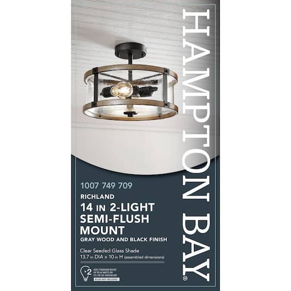 Hampton Bay Richland 2-Light Grey Wood Semi Flush Mount Clear