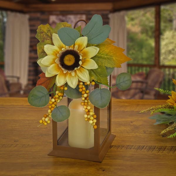 National Tree Company 13 in. Sunflower and Eucalyptus Decorated Harvest Lantern