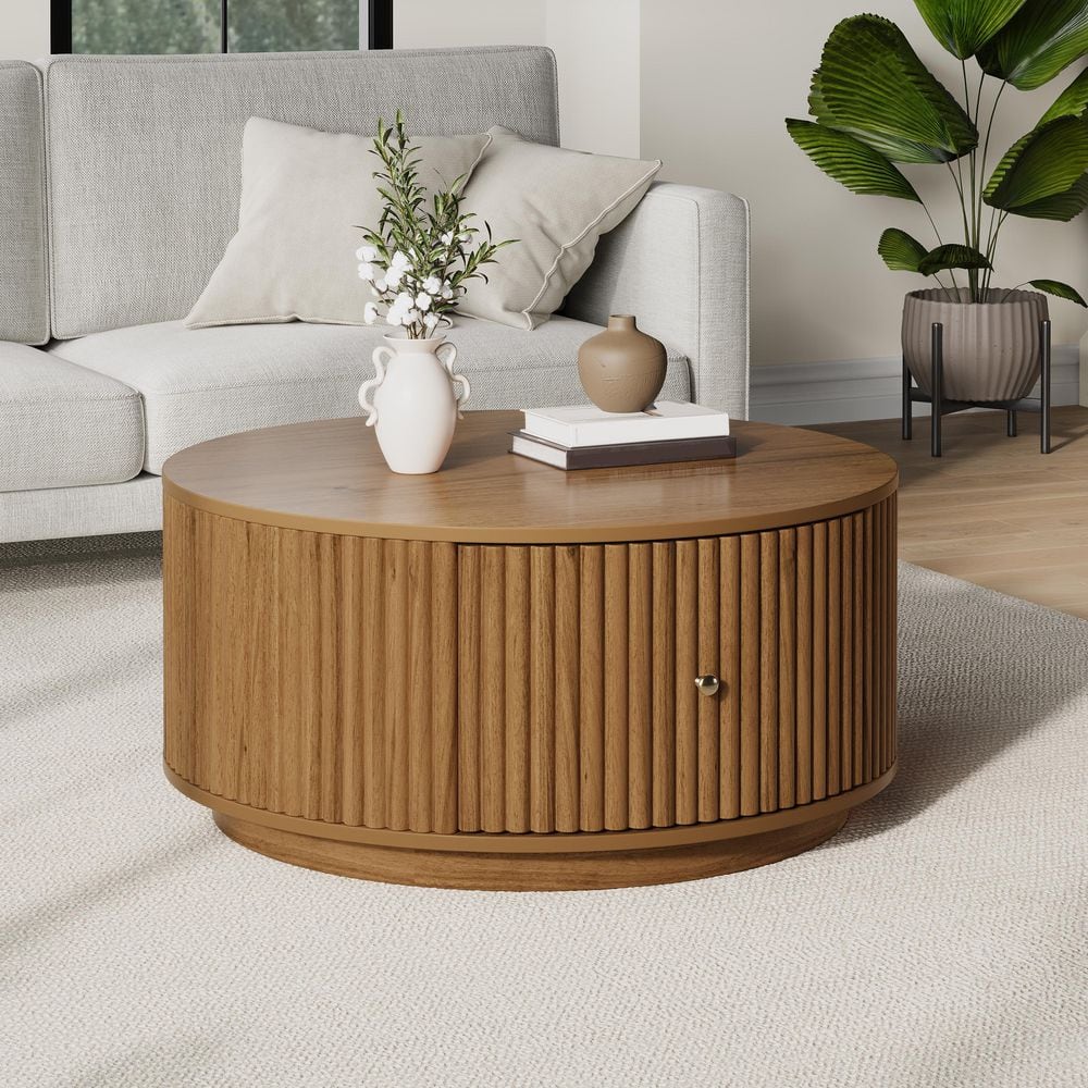 GDFSTUDIO Modern 30.3 in. Walnut Finish Round MDF Wood Fluted Drum Coffee Table with Drawers