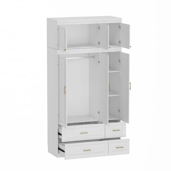 White 6-Door Big Wardrobe Armoires with Hanging Rod, 4-Drawers, Storage Shelves 93.7 in. H x 47.2 in. W x 20.6 in. D