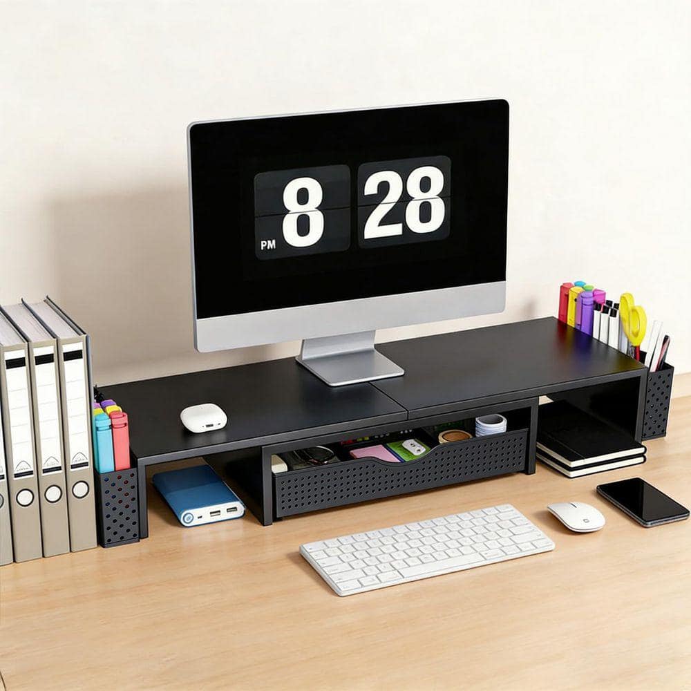 40.6 x 4.3 in. Black Metal Desktop Organizer and Accessories - Riser with Drawer and 2 Pen Holders, Decorative Stand