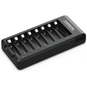 8 Bay AA AAA Battery Charger - USB High-Speed Charging & Independent Slot in Black