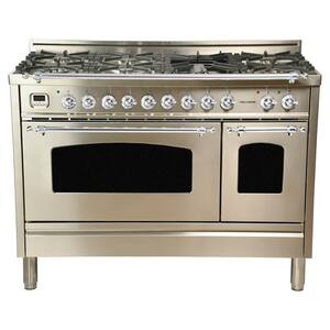 48 in 5.0 cu.ft. Double Oven Dual Fuel Italian Range w/True Convection, 7 Burners, Griddle, Chrome Trim/Stainless Steel