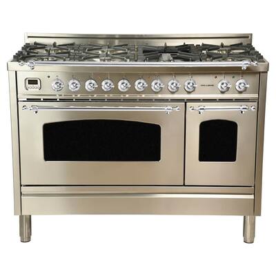 48 in 5.0 cu.ft. Double Oven Dual Fuel Italian Range w/True Convection, 7 Burners, Griddle, Chrome Trim/Stainless Steel