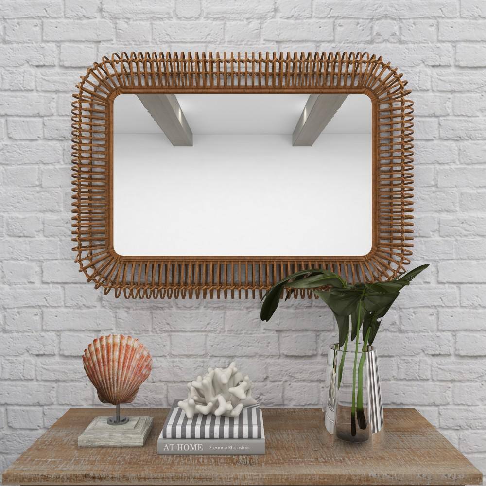Brown Handmade Woven Rattan Rectangular Full Length Wall Mirror