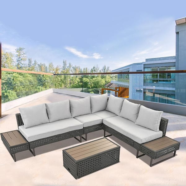 Unbranded 4-Pieces Metal Patio Conversation Set, Sectional Furniture with Extendable Table, Ice Bucket and Grey Cushions for Porch