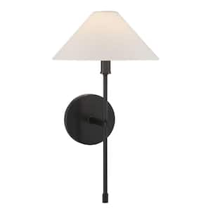 Avon 1-Light Black Tourmaline Wall Sconce with White Linen Fabric Shade