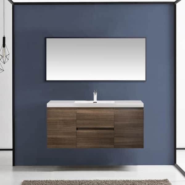 Satico 48 in. W x 19 in. D x 20 in. H Wall-Mounted Bath Vanity in Grey Oak with White Glossy Resin Top