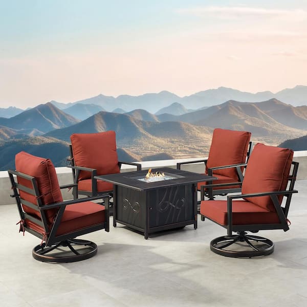 Oakland Living Black 6-Piece Aluminum Patio Fire Pit with 4-Club Chairs Red Cushions