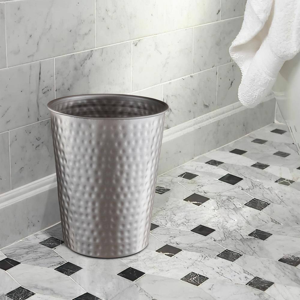 Hand Hammered Matte Gray Metal Round Bathroom Trash Can