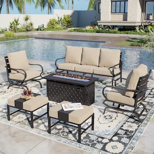 Black Metal Slatted 7 Seat 6-Piece Steel Outdoor Fire Pit Patio Set with Beige Cushions, Rectangular Fire Pit Table