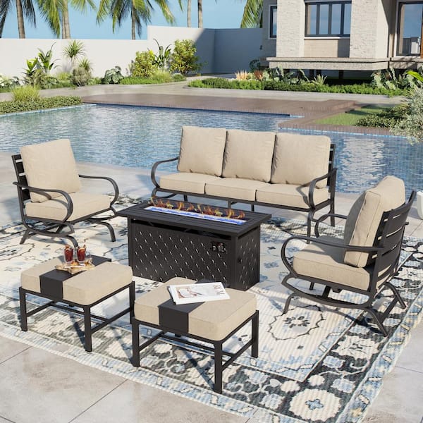 PHI VILLA Black Metal Slatted 7 Seat 6-Piece Steel Outdoor Fire Pit Patio Set with Beige Cushions, Rectangular Fire Pit Table
