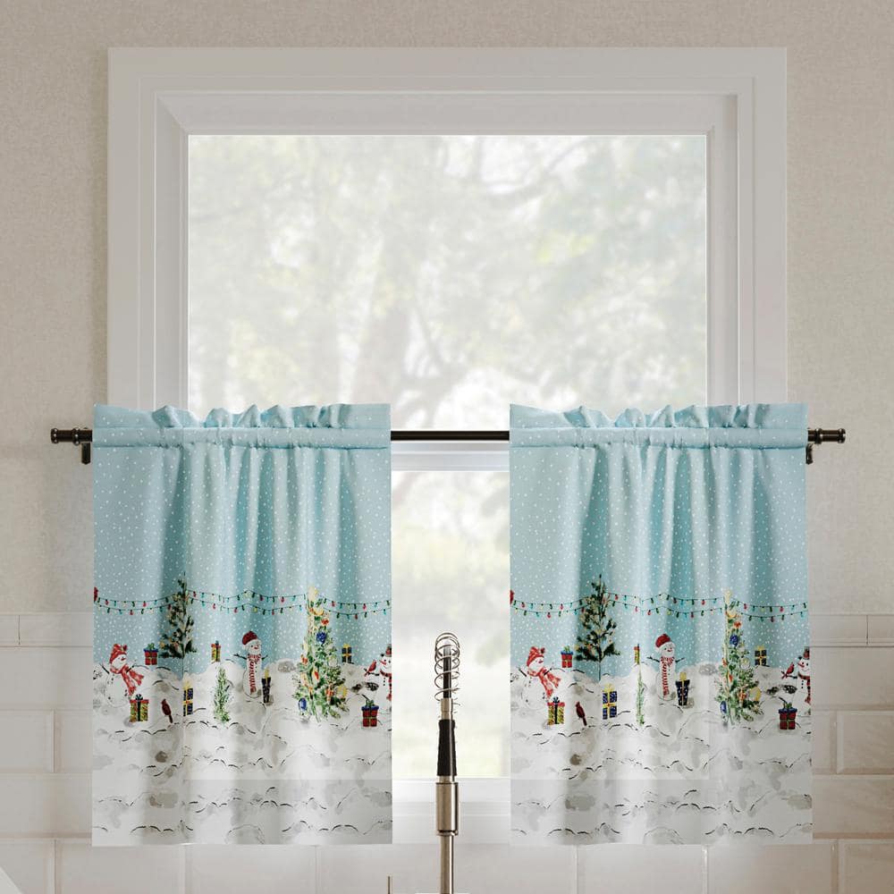 Blue Semi-Sheer Holiday Rod Pocket Kitchen Curtains, 54" x 24"