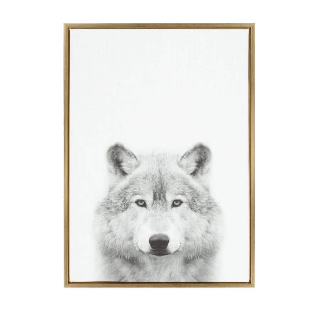 Gold Framed Black and White Wolf Canvas Print, 33" x 23"