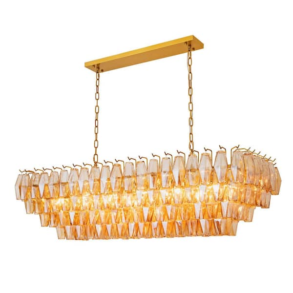 Modern Chandelier 54 in. 19-Lights Linear Gold Chandelier With Smoky Glass, Chandelier for Dining Room, Living Room