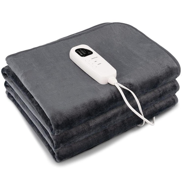 Gray Flannel Twin Electric Throw Blanket with 5 Heating Levels and Overheat Protection