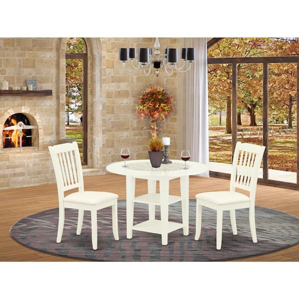 East West Furniture 3-Piece Linen White Finish Round Solid Wood Top With Dropleaf Dining Table Set