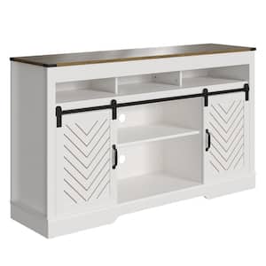 58 in. Farmhouse Double-Door 3-Layer White and Walnut TV Stand Fits TVs Up to 60 in. TV Cabinet