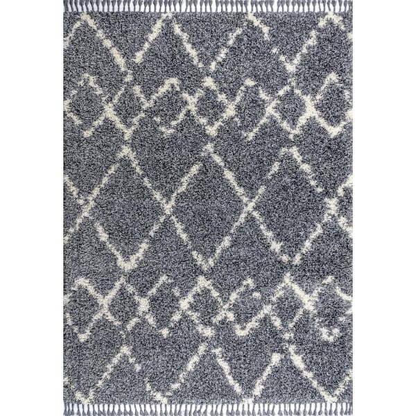 Mercer Shag Plush Tassel Moroccan Tribal Geometric Trellis Denim Blue/Cream 3 ft. x 5 ft. Area Rug