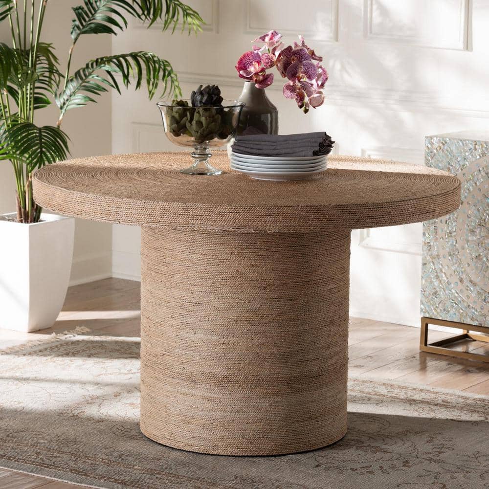 Bistra Natural Brown Seagrass and Wood Round Dining Table with Glass Top