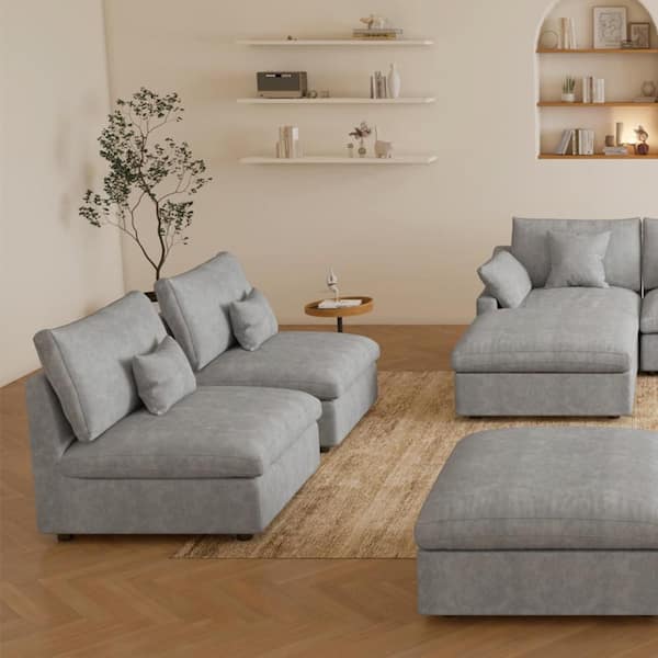 Modern 37 in. Armless Linen Upholstered Cloud Couch Sectional 1-Seat Section Down Filled Sofa in Gray (Middle Modular)