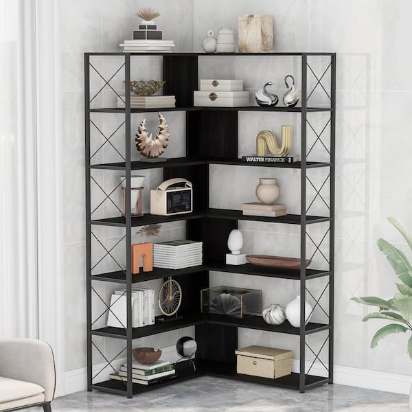  in. H Black 7-Shelf Bookcase Home Office L-Shaped Corner Bookcase with  Metal Frame Industrial Style Open Storage EC-BSB-5176 - The Home Depot