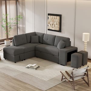 87 in. Convertible Pull Out Sleeper Chenille Sectional Sofa Bed with Storage Ottoman, Stools, Throw Pillows, Dark Gray