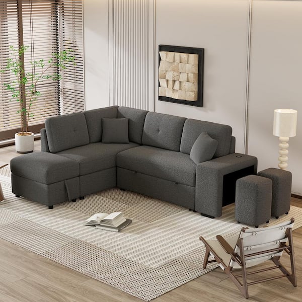 Magic Home 87 in. Convertible Pull Out Sleeper Chenille Sectional Sofa Bed with Storage Ottoman, Stools, Throw Pillows, Dark Gray