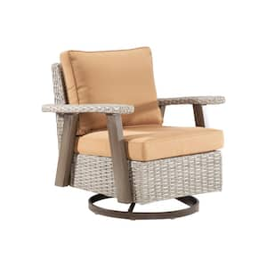 Wicker Swivel Outdoor Rocking Chair Lounge Chair with Ergonomic Armrests and Thick Fade-Resistant Tan Cushions