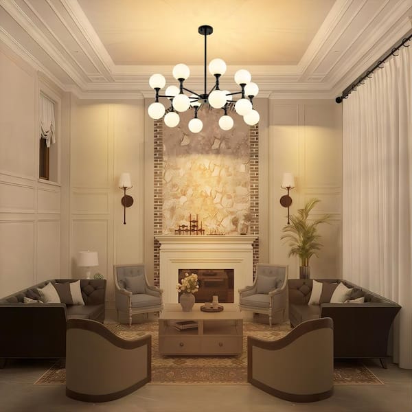 Ameal 16-Light Glam Black Linear Sputnik Pendant Up and Down Chandelier for Kitchen Island with Frosted Glass Shade