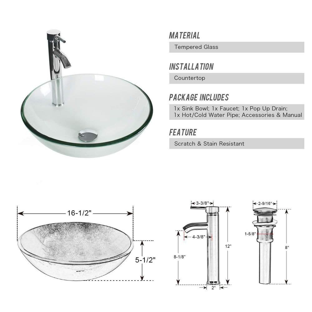 Clear Tempered Glass Round Vessel Sink with Chrome Faucet