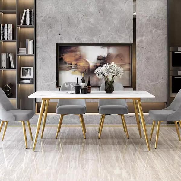Magic Home 63 in. White Sintered Stone Tabletop Gold with 4 Golden Metal Legs Dining Table (Seats 6)