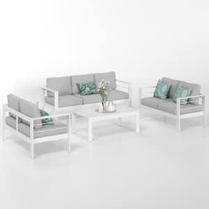 White 4-Piece Aluminum Patio Conversation Set with Light Grey Cushions