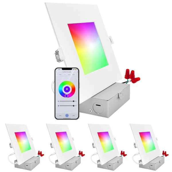 LUXRITE 6 in. Smart Square Integrated LED Recessed Light RGBW Color Changing WiFi Compatible with Alexa and Google Home (4-Pack)