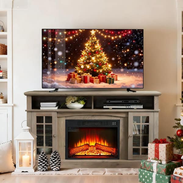 58 in. Classic Electric Fireplace TV Stand with Glass Doors and Adjustable Shelves in Gray Wash