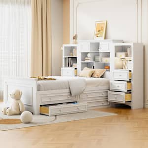 White Wood Frame Twin Size Platform Bed with All-in-One Cabinet, 12 Storage Compartments, 14 Drawers