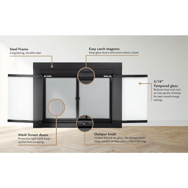 Pleasant Hearth Fenwick Large Black Glass Fireplace Doors FN